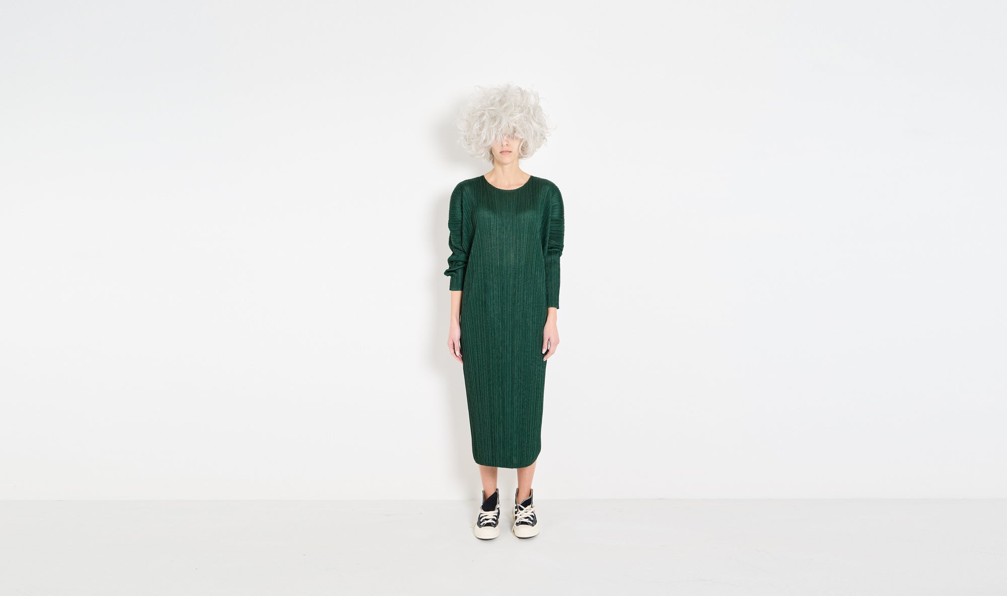 green long sleeves polyester plissé dress