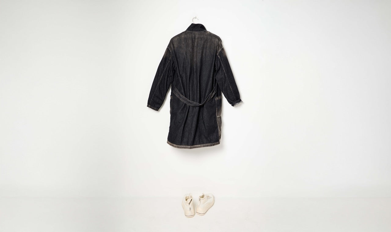 washed black cotton denim overcoat