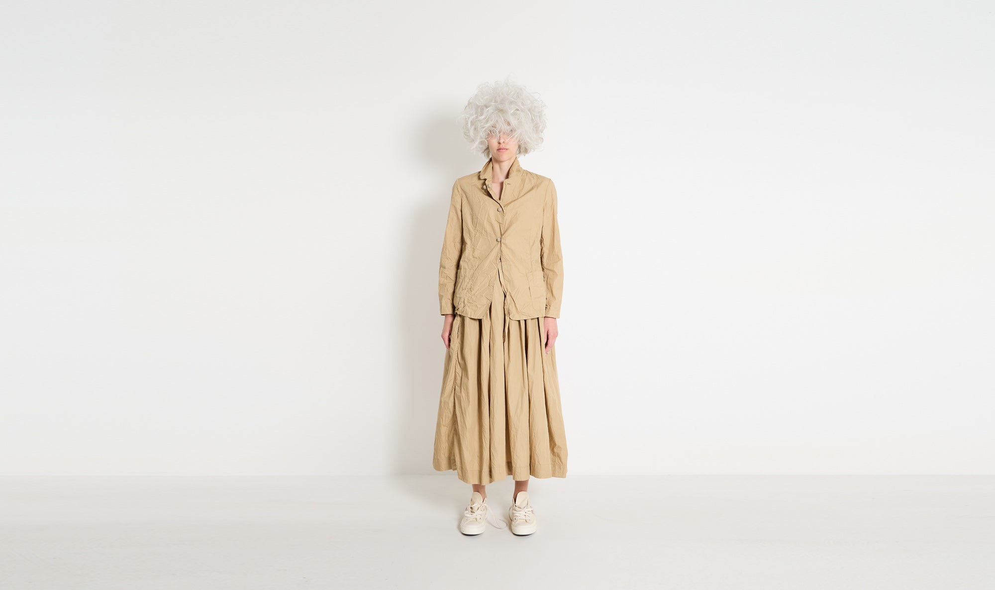 beige cotton jacket skirt outfit
