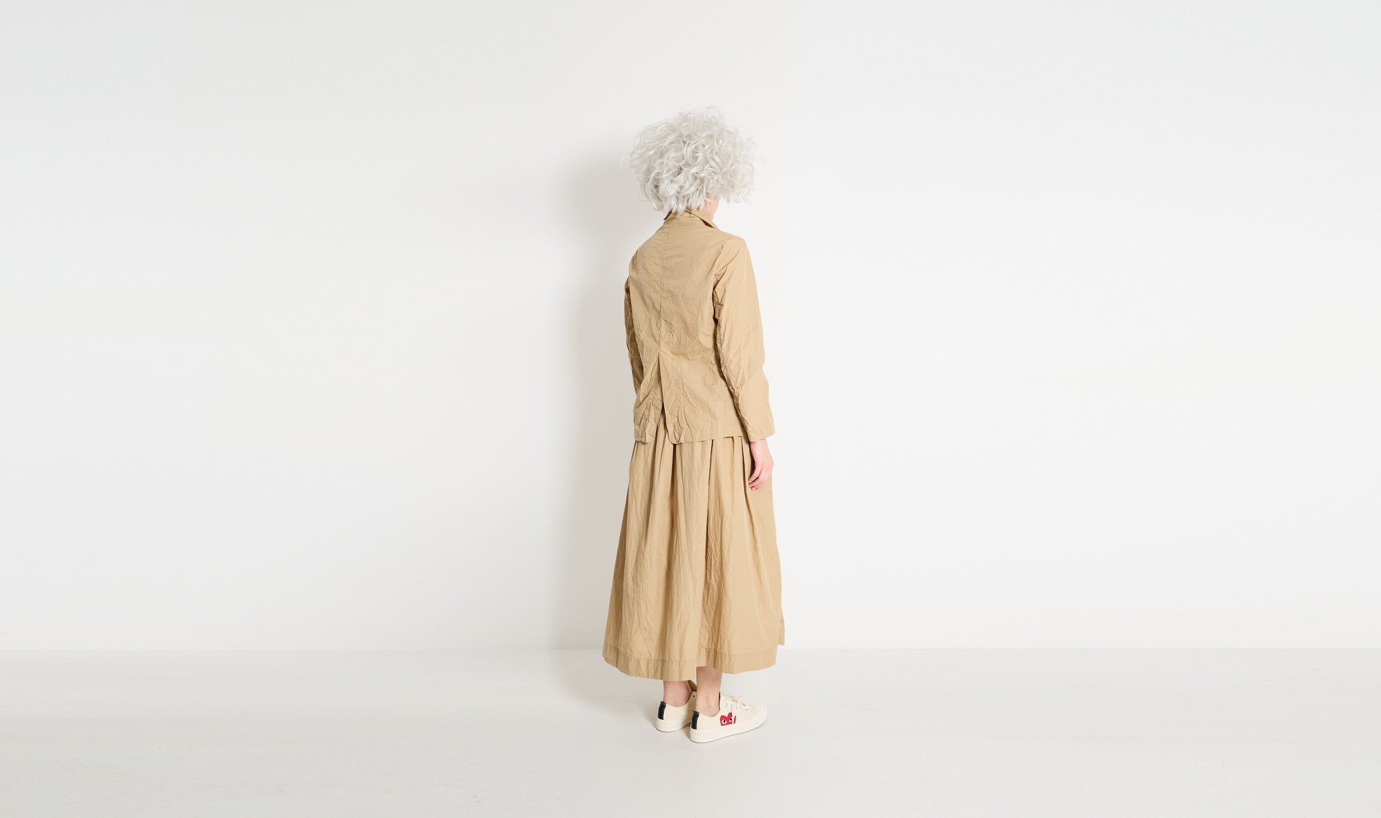 beige cotton jacket skirt outfit