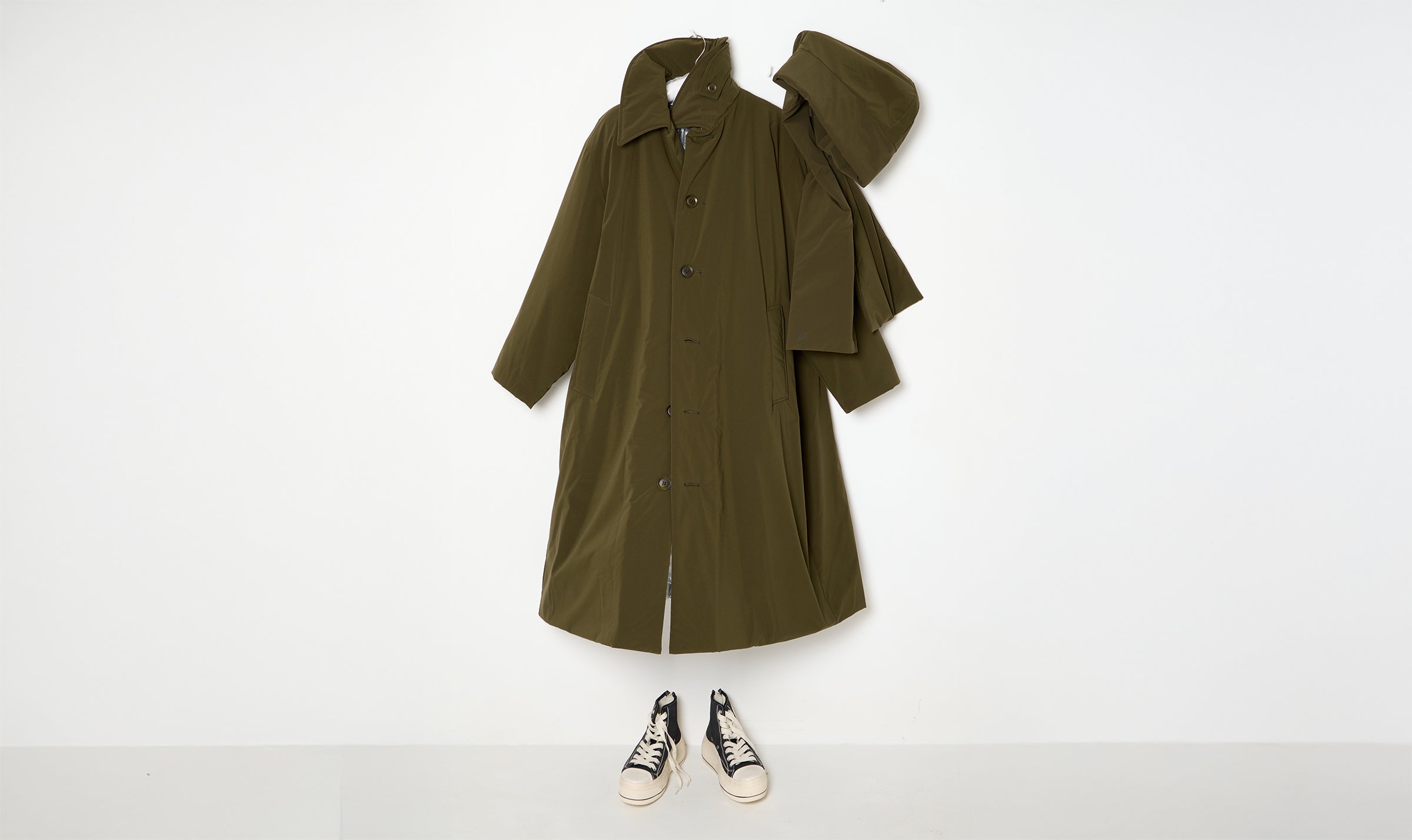 soft long padded khaki trench coat