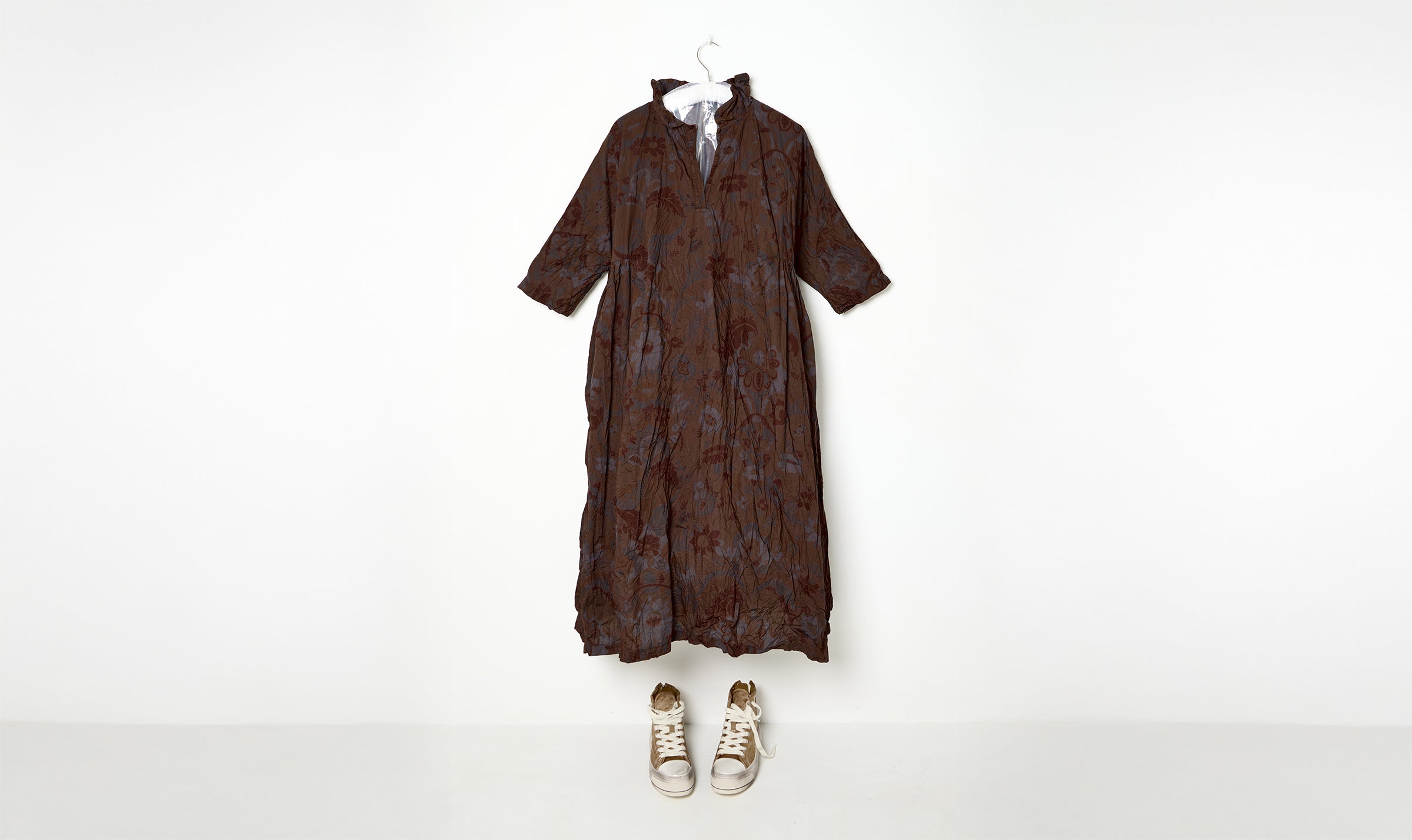 long washed large print cotton brown/curcumin dress