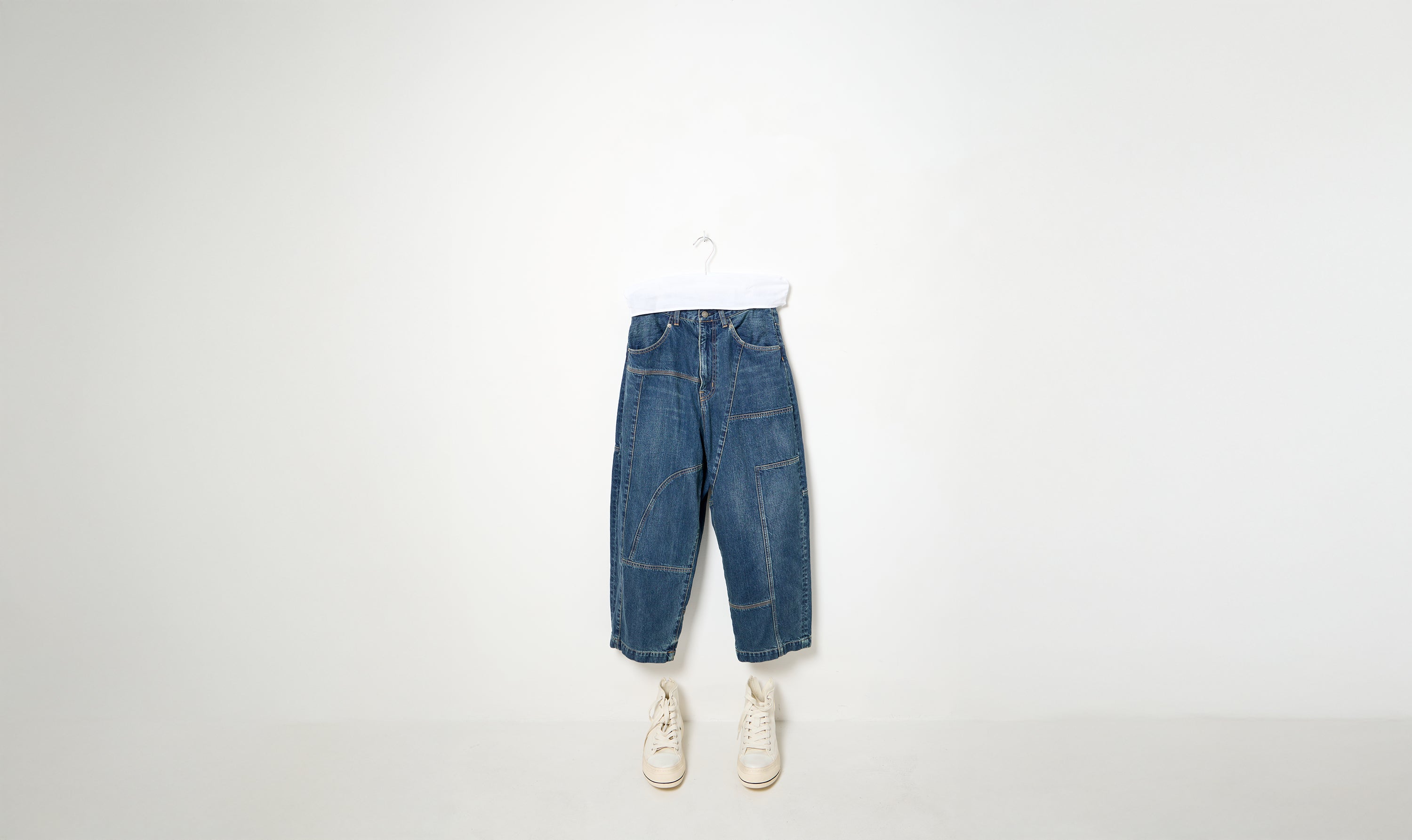 indigo blue cotton denim deconstructed trousers