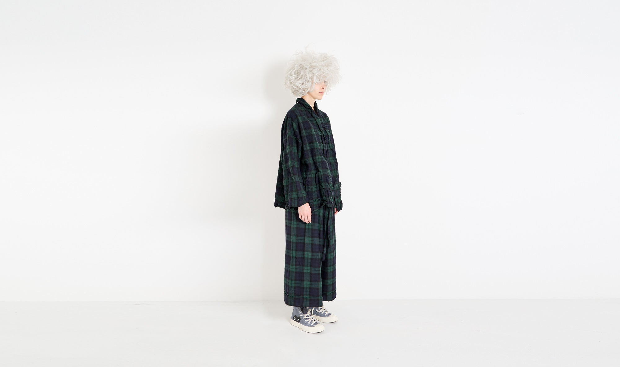 blue black green tartan outfit