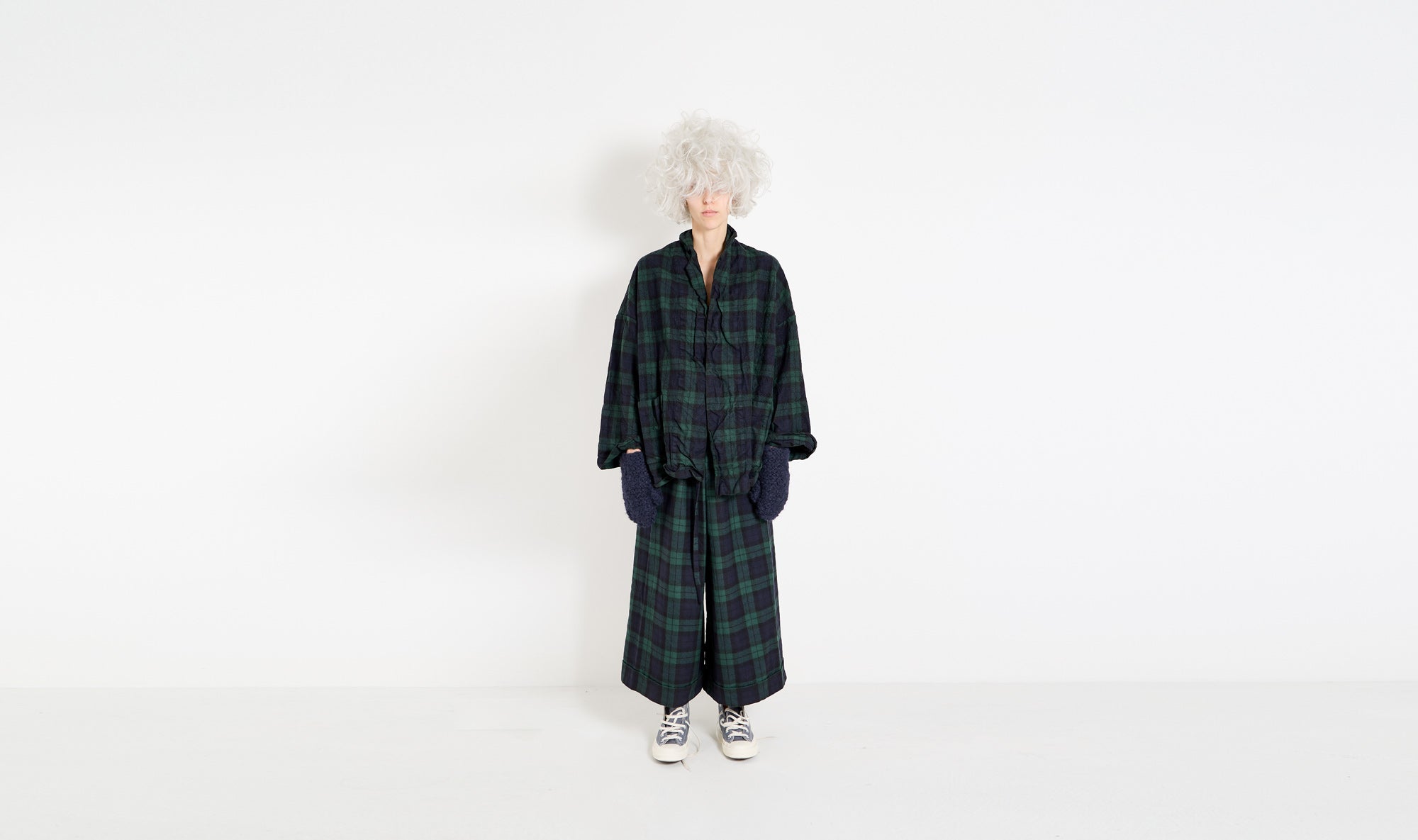 blue black green tartan outfit