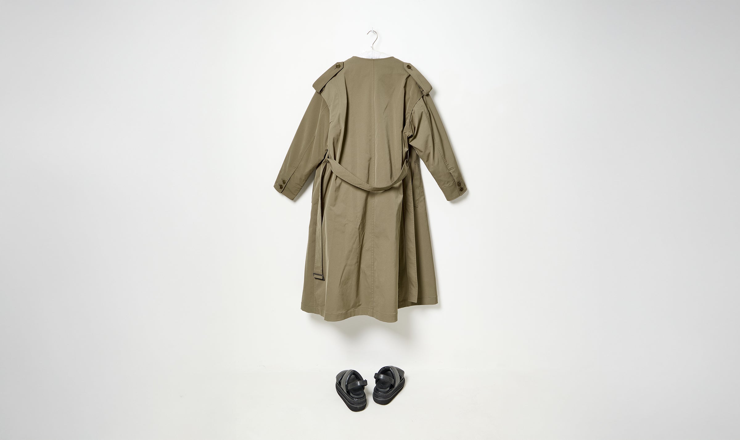 beige technical long deconstructed double-breasted coat