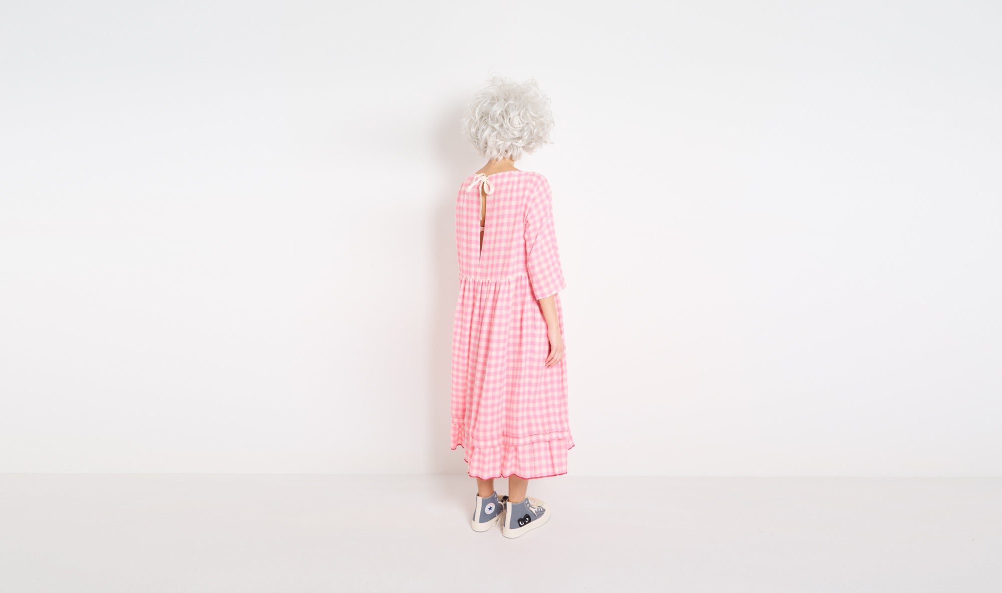 pink check wool dress