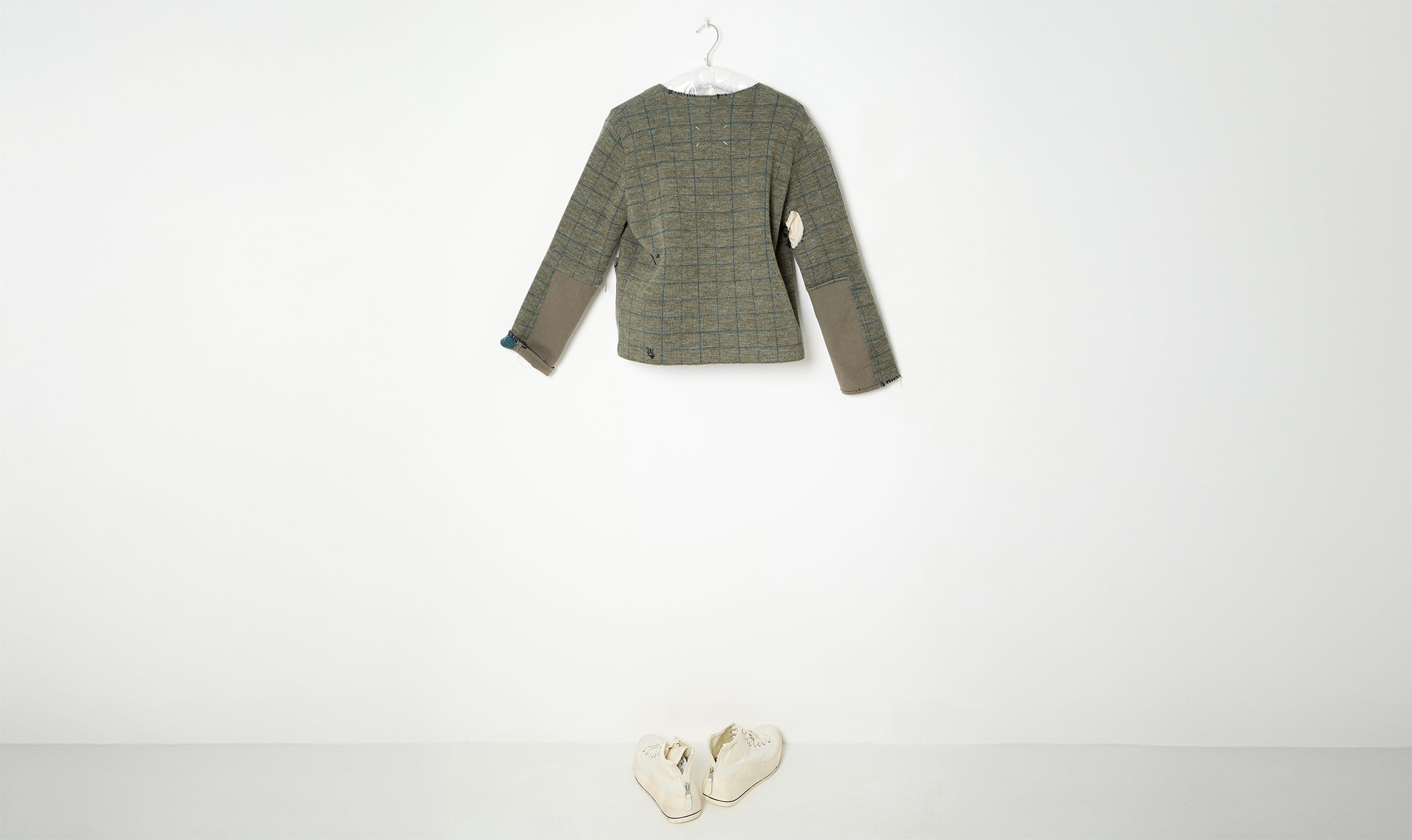 green check wool patched cardigan