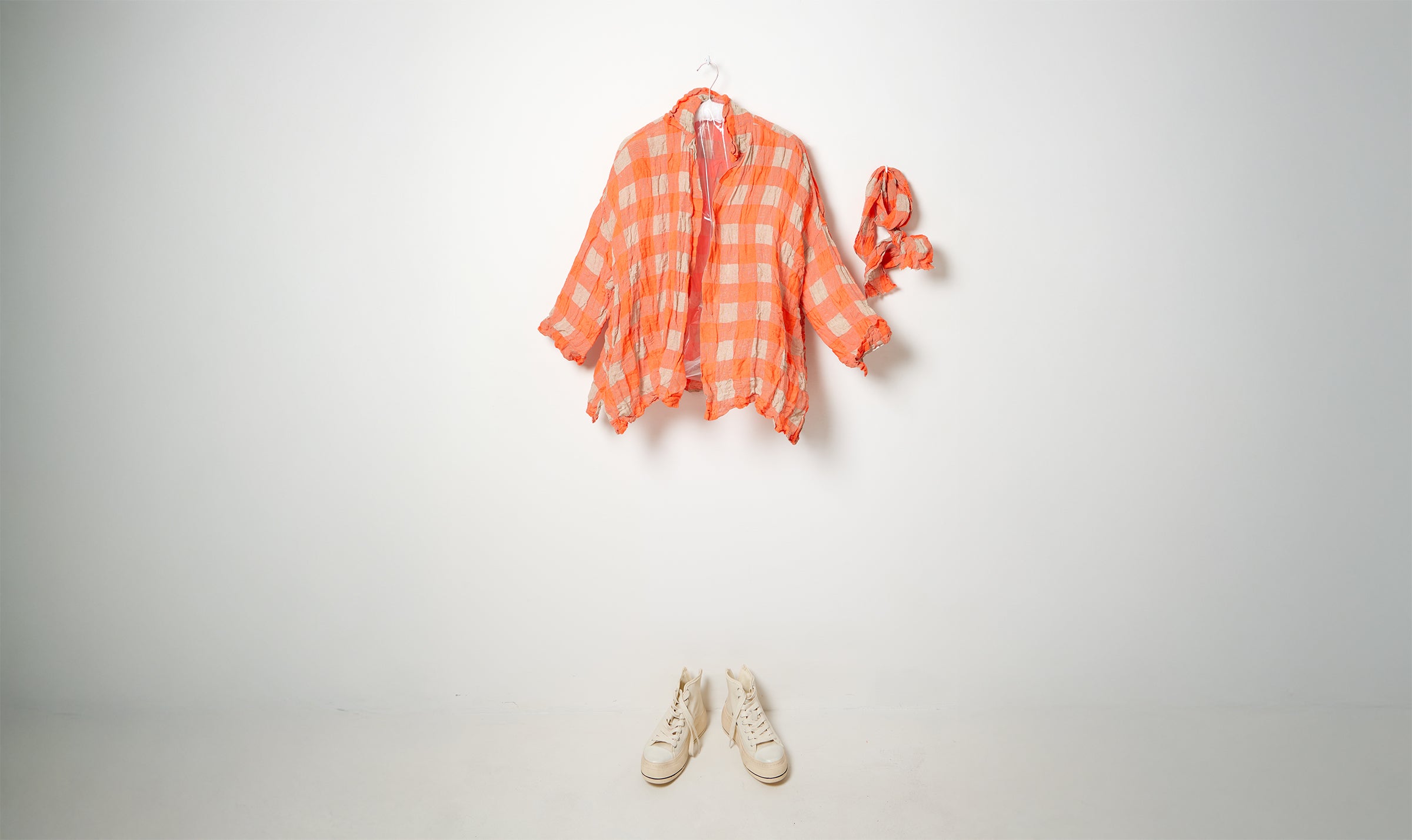 washed orange check wide linen shirt