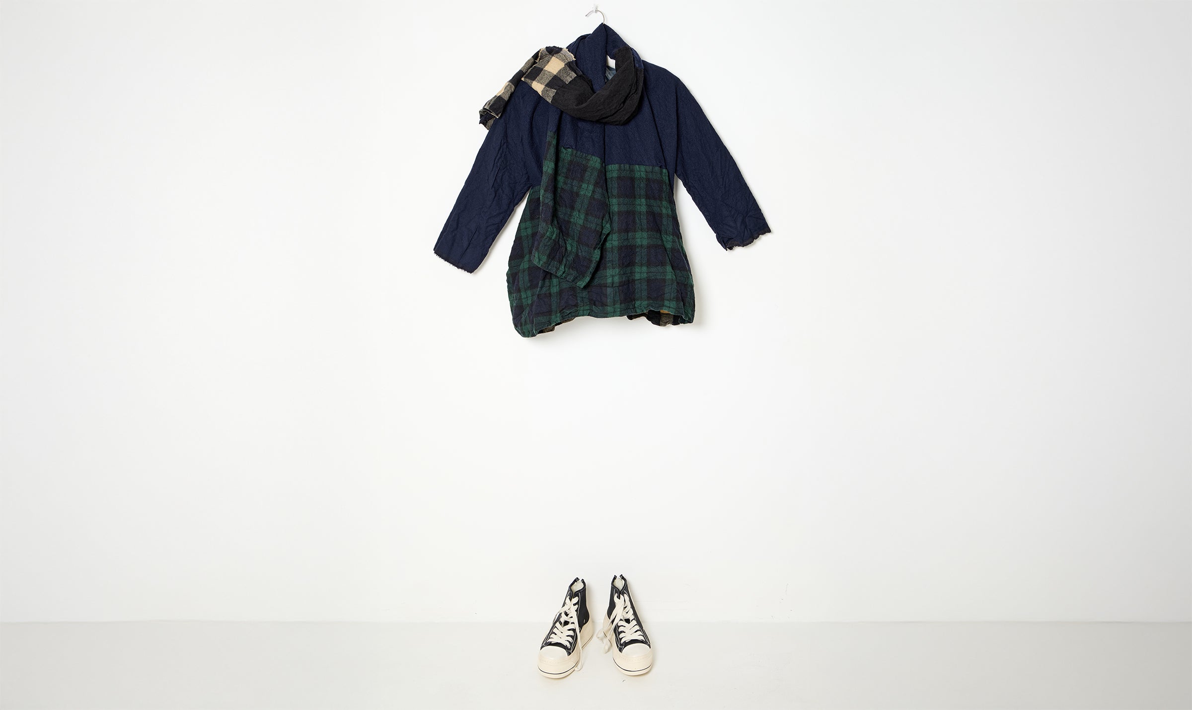 wool gauze tartan patchwork blouse and patchwork scarf