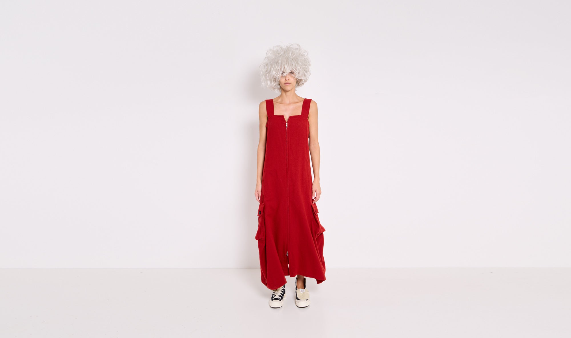 red wool salopette dress Après Paris